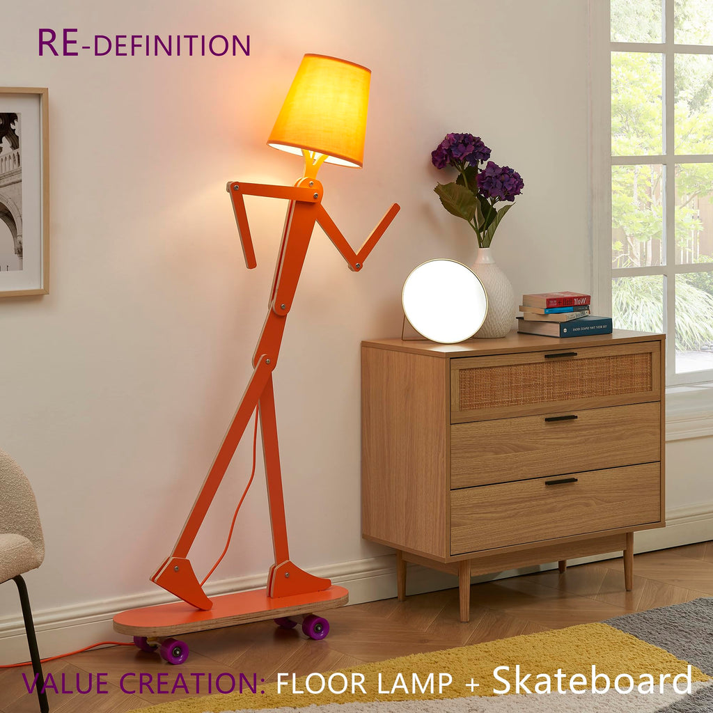 Cool Unique Wood Floor Lamp with Skateboard Base, Orange