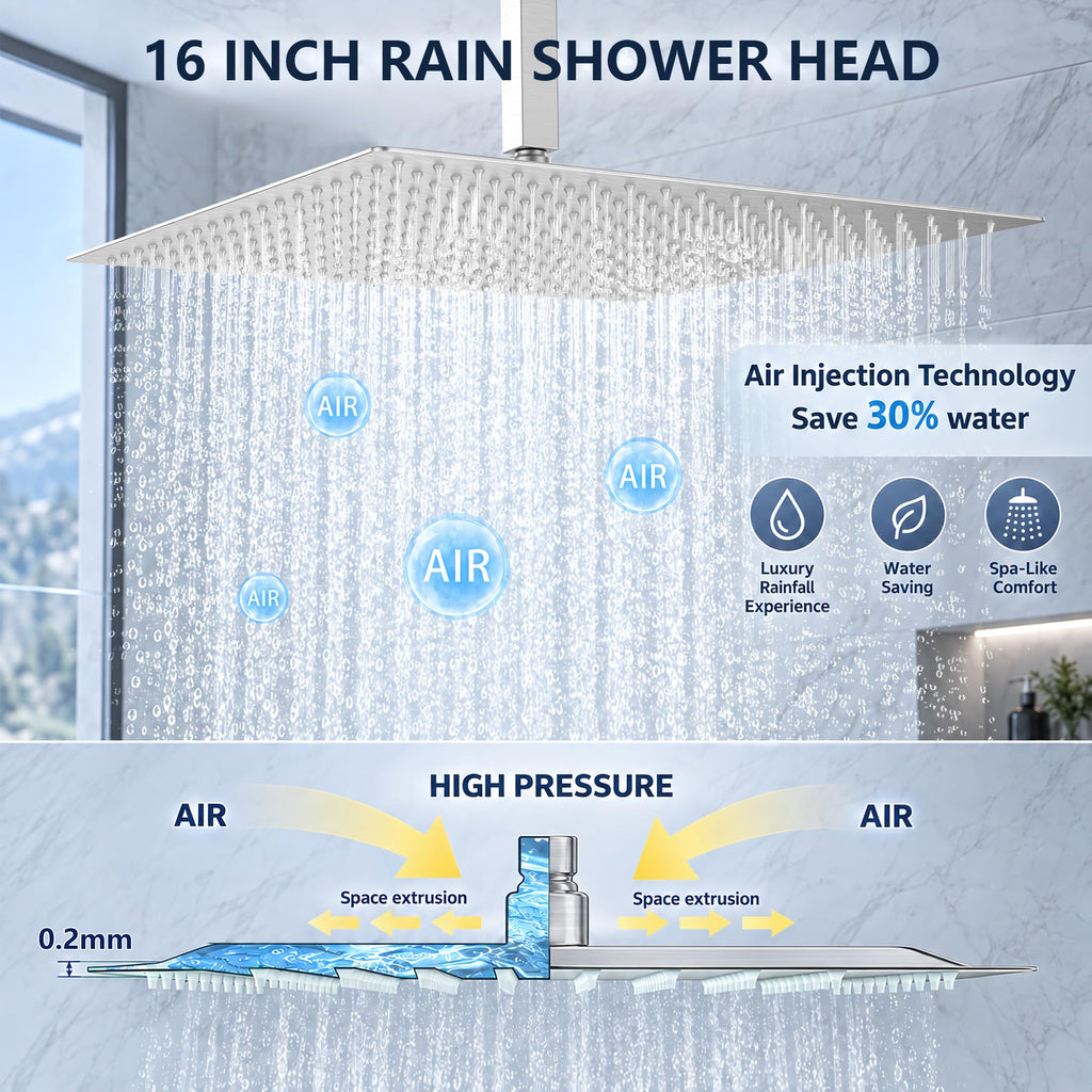 16 Inch Brushed Nickel Large Rain Shower Head, 304 Stainless Steel Square High Pressure Rainfall Shower Head, Ultra