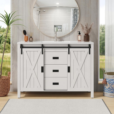 ONBRILL 47.2 Inch Bathroom Vanity with Sink Combo, Farmhouse Sliding Barn Door Bathroom Vanity Cabinet
