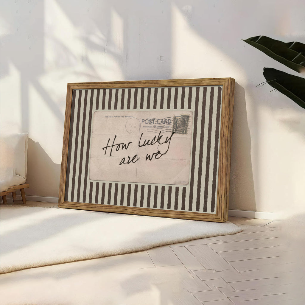Framed How Lucky Are We Wall Art, Vintage Preppy Inspirational Canvas Wall Decor Painting, Funky Stripe Postcard