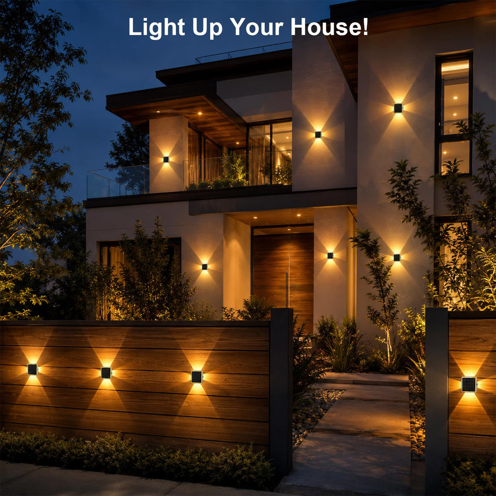 Solar Fence Lights Outdoor, New 4-Sided Lighting Wall Lights Solar Powered with 3 Modes 3000K 4000K 6000K, IP65