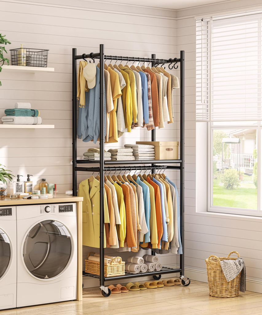 Clothes Rack, 79.7" Double-Tier Clothing Rack with Shelves&Wheels