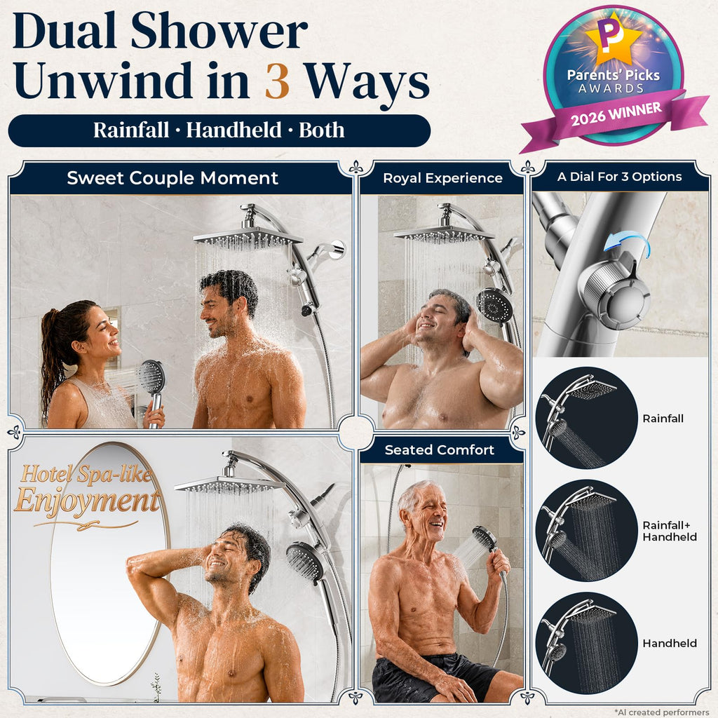 8"Square Rain Shower Head with Handheld, 8-Function Rainfall, Power Jet