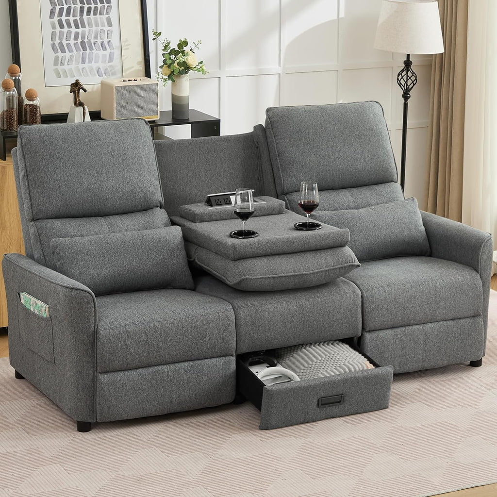 DRMBOOK 74'' RV 3 Seater Recliner Sofa, Linen Fabric Three Camper Couch 3 Seater Recliner