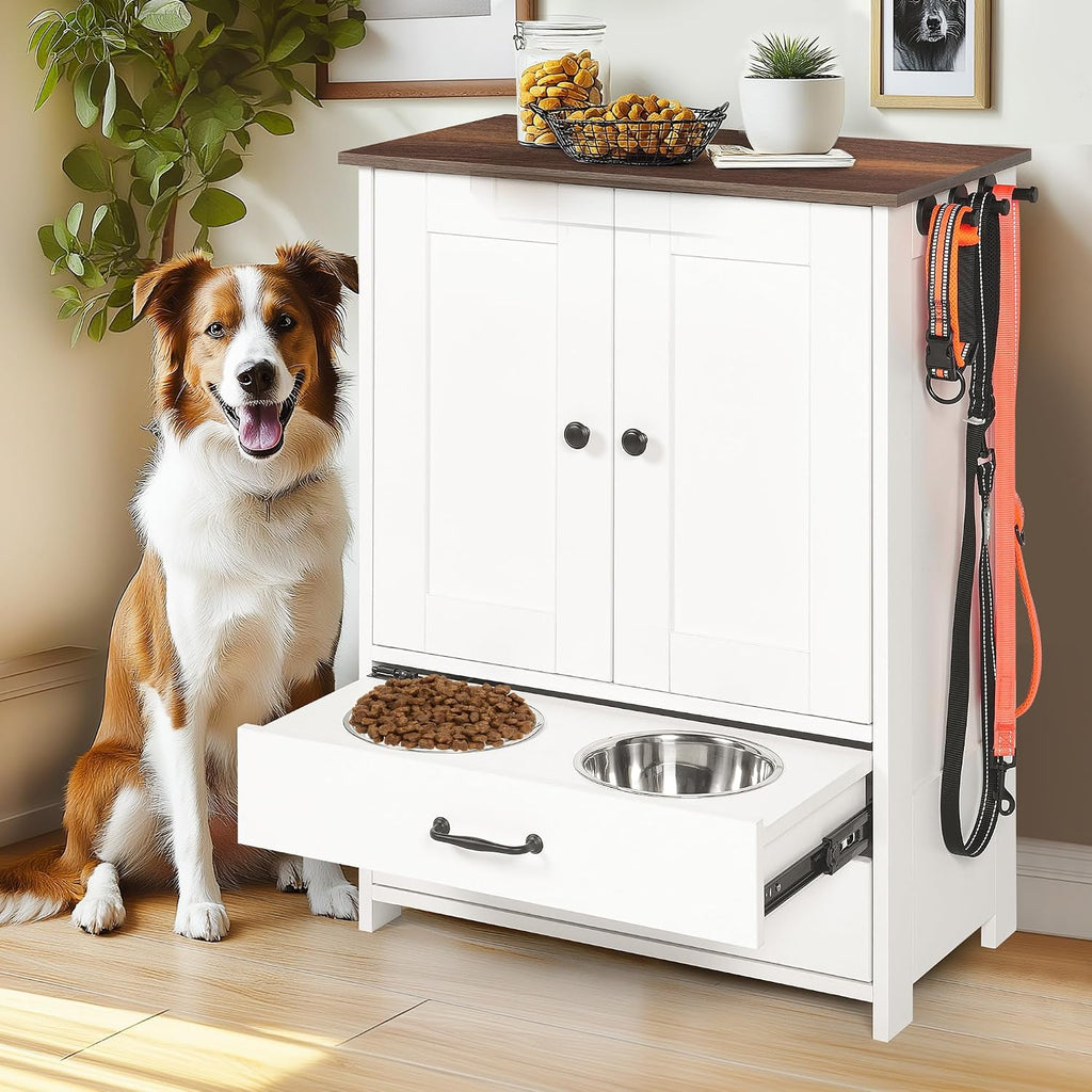 Modern Dog Food Storage Cabinet with 2 Adjustable Doggy Bowls, Pet Feeding Station with Drawer and 3 Hooks for Dogs
