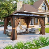 12'x10' Hardtop Gazebo, Aluminum Frame Permanent Pavilion with Curtains and Netting
