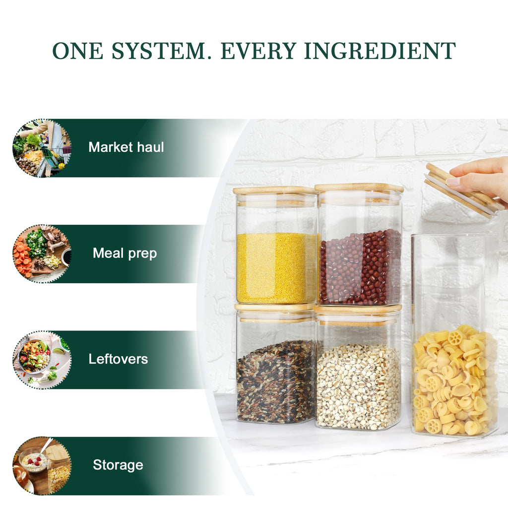12-Pack Square Glass Storage Jars with Bamboo Lids (0.6Qt/1.06Qt) - Stackable Food Containers for Pantry
