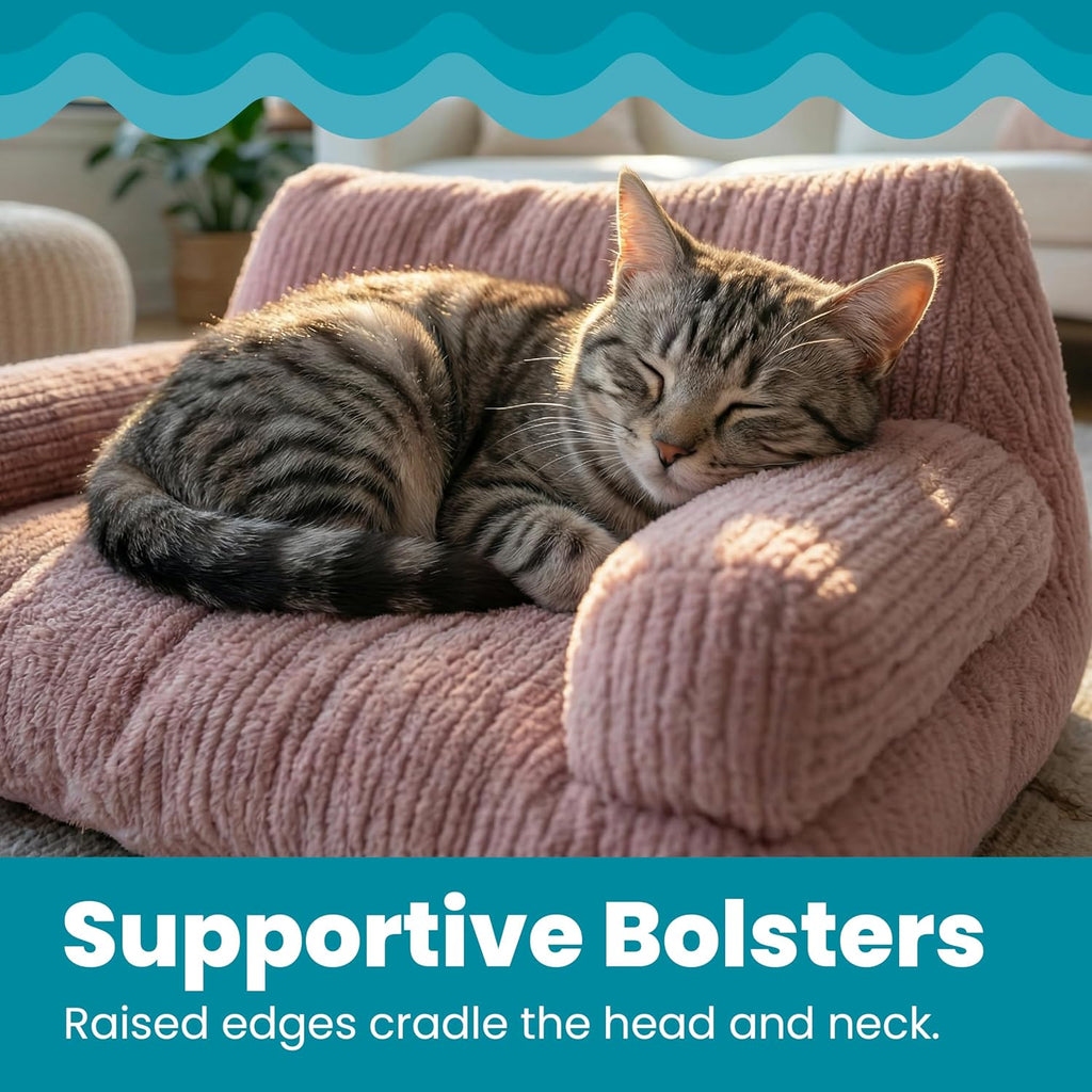 Chillin' Cat Couch, 3-Sided Plush Sofa with High-Loft Polyfill & Bolsters for Orthopedic Support, Indoor Cats
