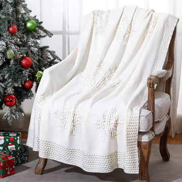 Christmas Crochet Throw Blanket White Knit Snowflake 50x60 Inch