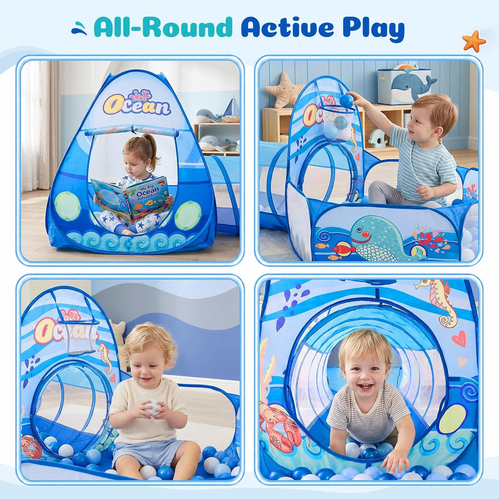 3 in 1 Kids Play Tent with Tunnel, Ball Pit, Basketball Hoop for Boys & Girls, Toddler Pop Up Playhouse Toy Baby