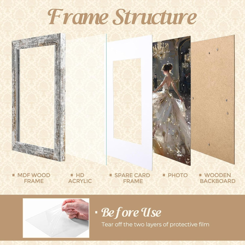 8x10 Picture Frame Set of 6,Distressed White Rustic Wood Photo Frame | Made of HD Acrylic Cover,MDF Wood,Tabletop