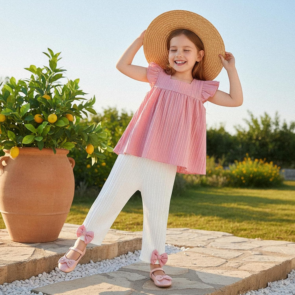 Little Girls Clothes Kids Solid Fly Sleeve Tank Tops Bow Pants Toddler Baby Girl Summer Outfits Spring 2pc Set