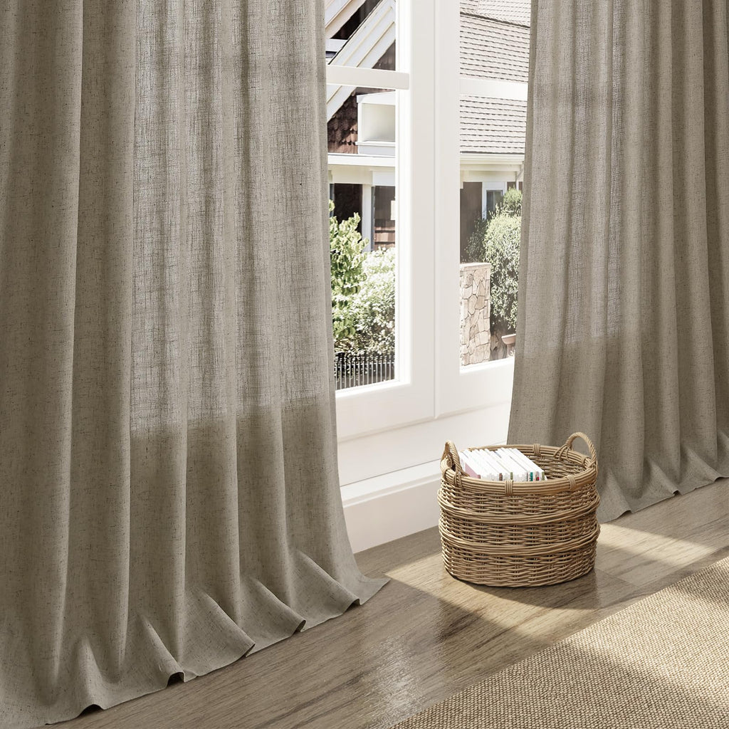Mocha Linen Curtains 90 Inch Length 2 Panels Set Rod Pocket Back Tab Window Drapes Light Filtering Modern Farmhouse