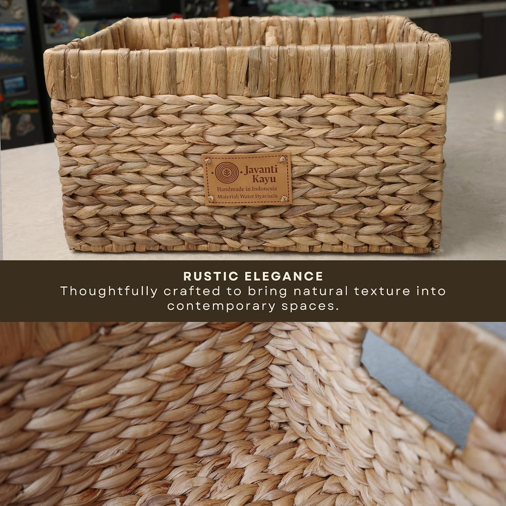 Handmade Water Hyacinth Wicker Storage Basket with Handles - Rectangle Organizer Bin for Shelves, Blanket, Bathroom