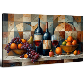 Geometric Kitchen Wall Art Abstract Wine Canvas Prints Red Wine Glass and Fruit Pictures Rustic Farmhouse Still Life