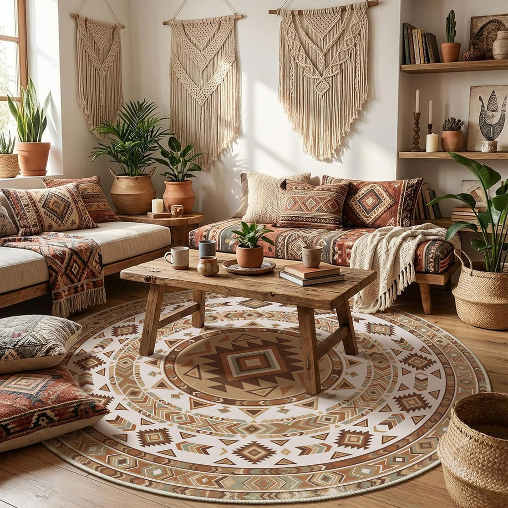 3ft Round Southwestern Rug, Geometric Tribal Pattern, Non-Slip Mat