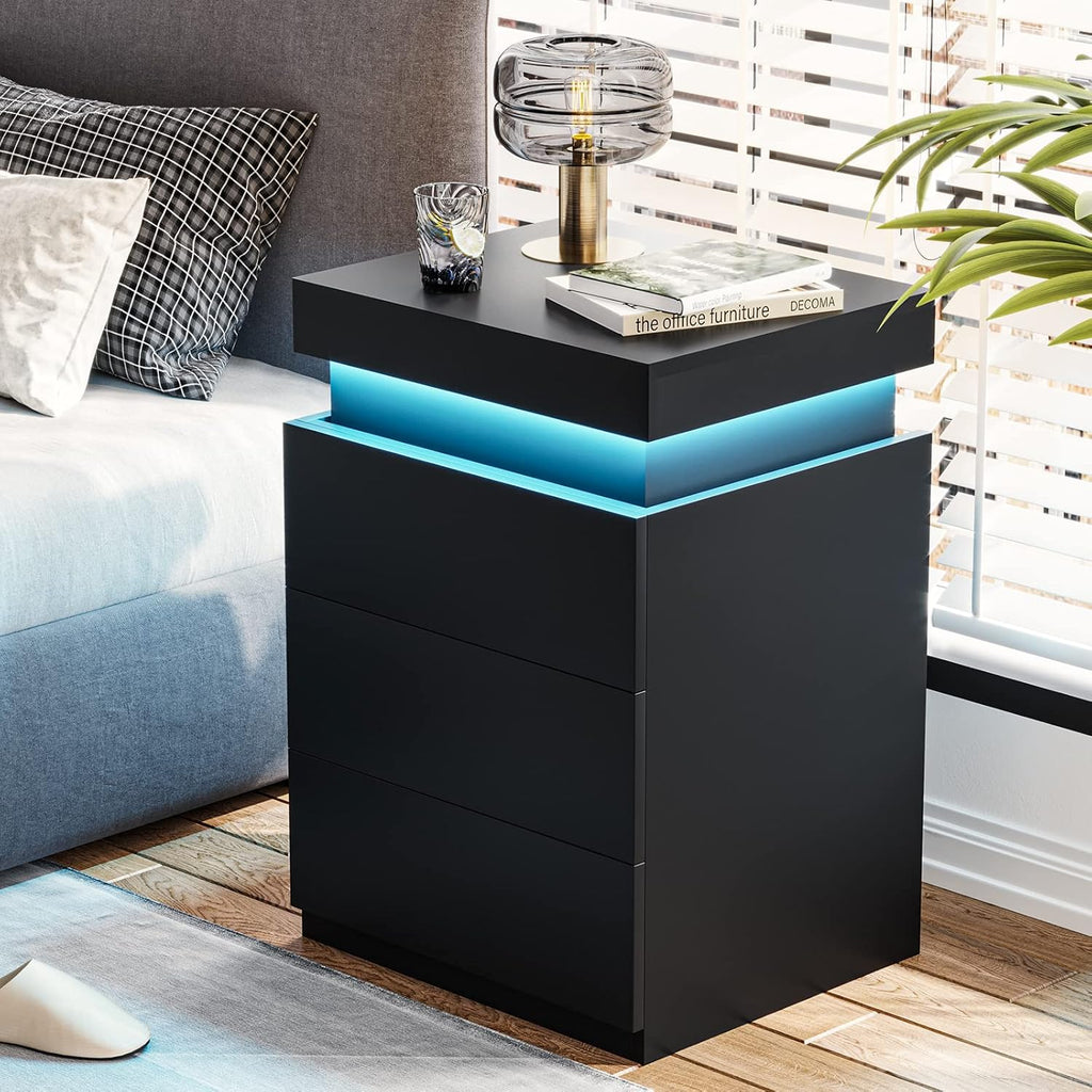 Black Nightstand with Charging Station and LED Lights | Modern Night Stand with Sliding Top,Bedside Table with