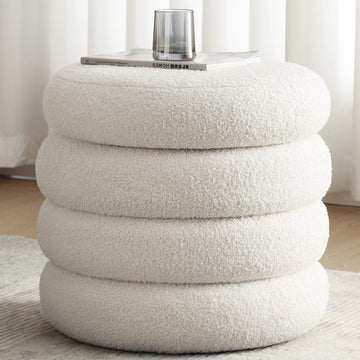 Boucle Ottoman with Storage, Small Round Footrest Stool Bedroom, Upholstered Sherpa Vanity Seat with Removable Lid