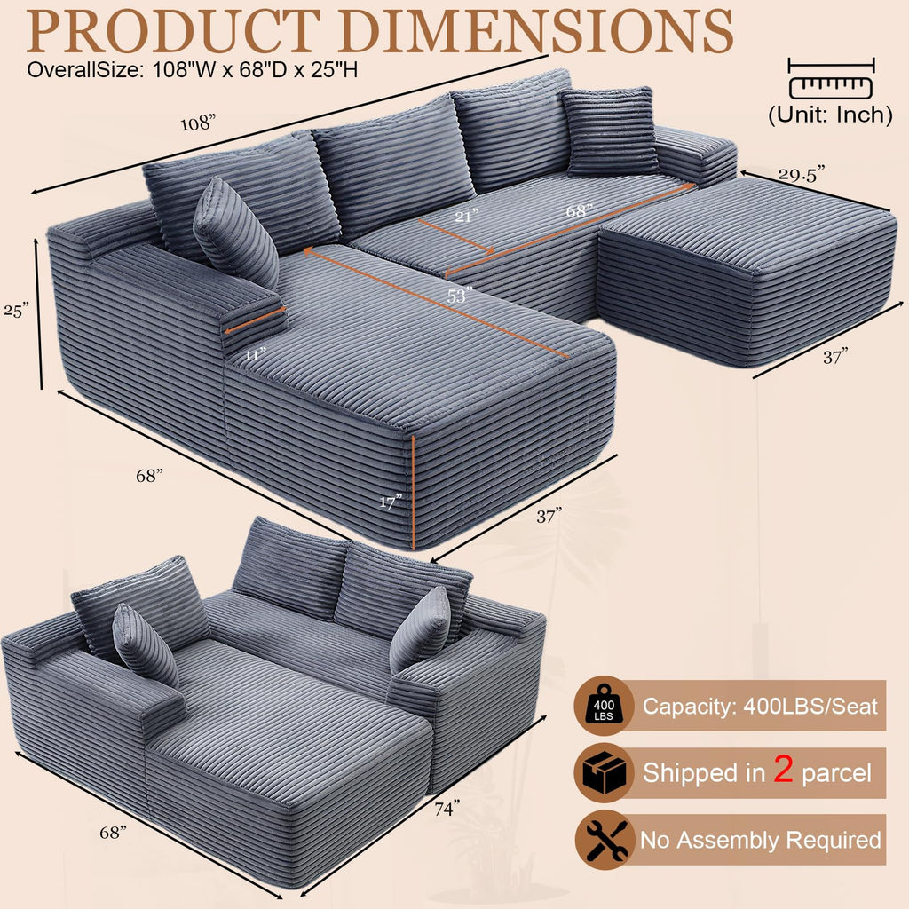 108" Cloud Sectional Couch, Modern Boneless Couch with Chaise, Deep Seat Modular Sectional Sofa Corduroy Foam Couches