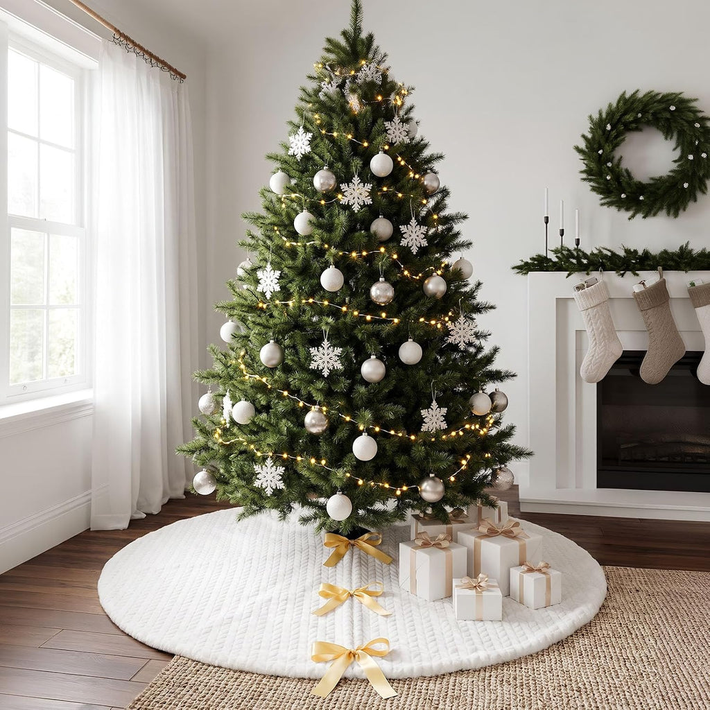 Christmas Tree Skirt, 60-Inch White Cable Knit Decor