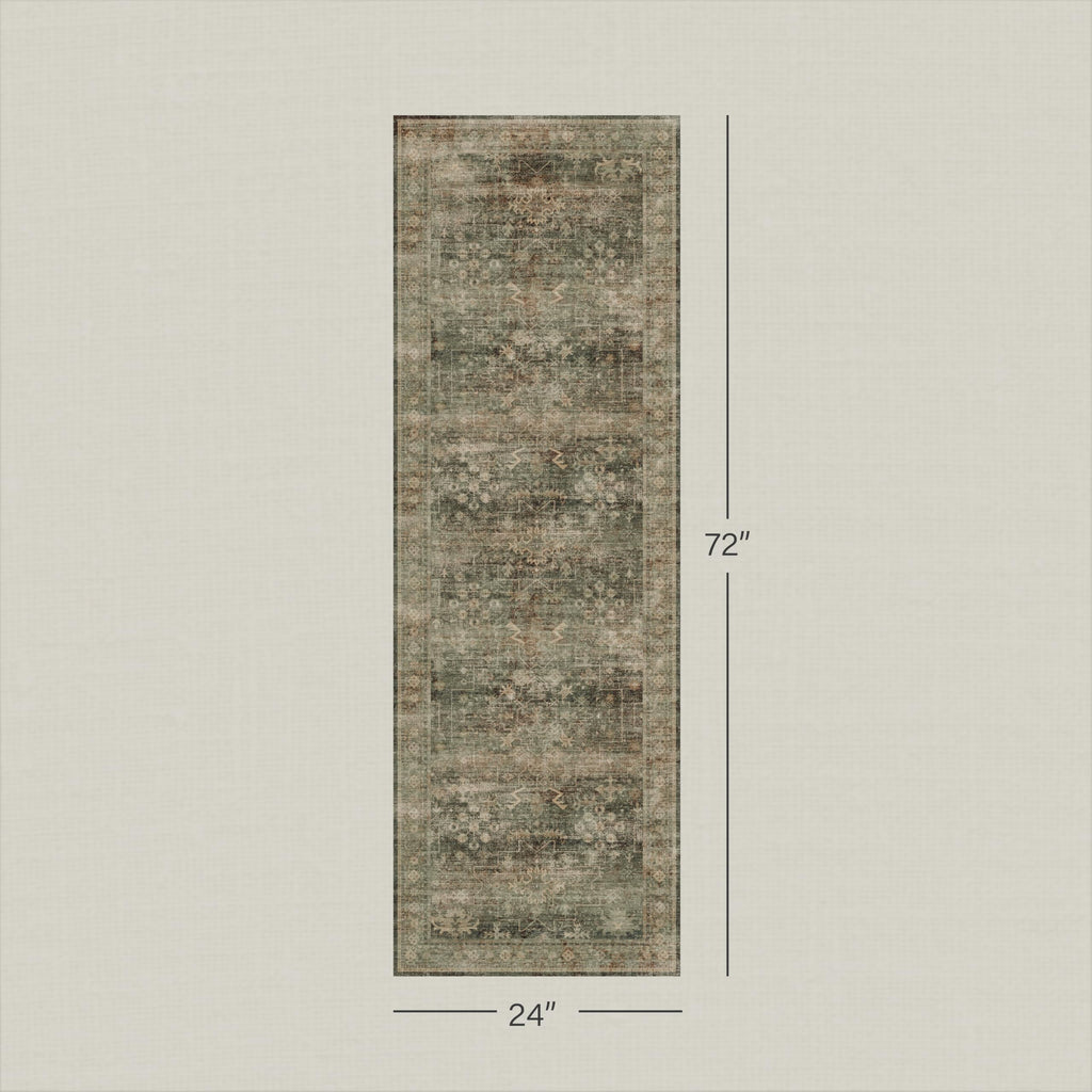 Washable Kitchen Runner Rug, Moss Green Vintage Distressed Geometric Runner Carpet, Low Pile Slip-Resistant