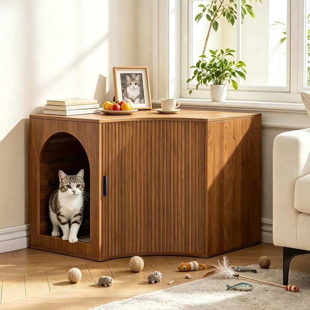 31.38" Corner Cat Litter Box Enclosure Furniture with Sliding Door