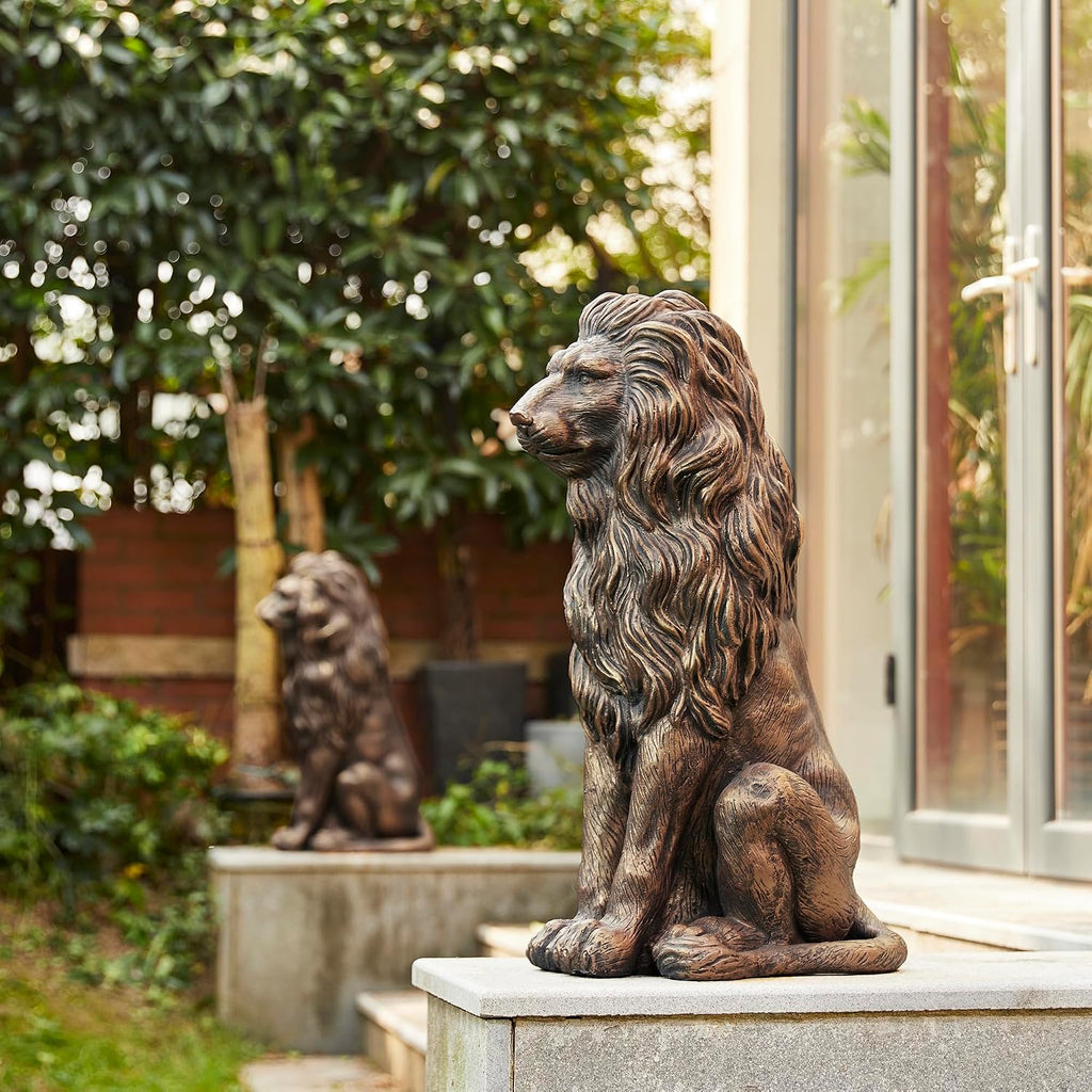Guardian Sitting Lion Statue Regal Indoor and Outdoor Garden Sculpture Entrance Porch and Yard, 27.75" H, Bronze
