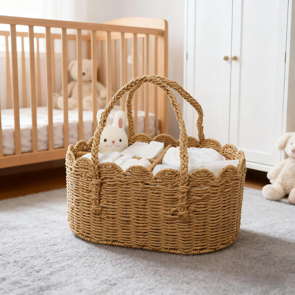 Diaper Caddy Organizer, Paper Rope Storage Baskets Nursery Bin with Removable Divider, Portable Car Organizer