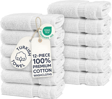 Hotel & Spa Quality 100% Cotton Premium Turkish Towels | Soft & Absorbent (12-Piece Washcloths, White)