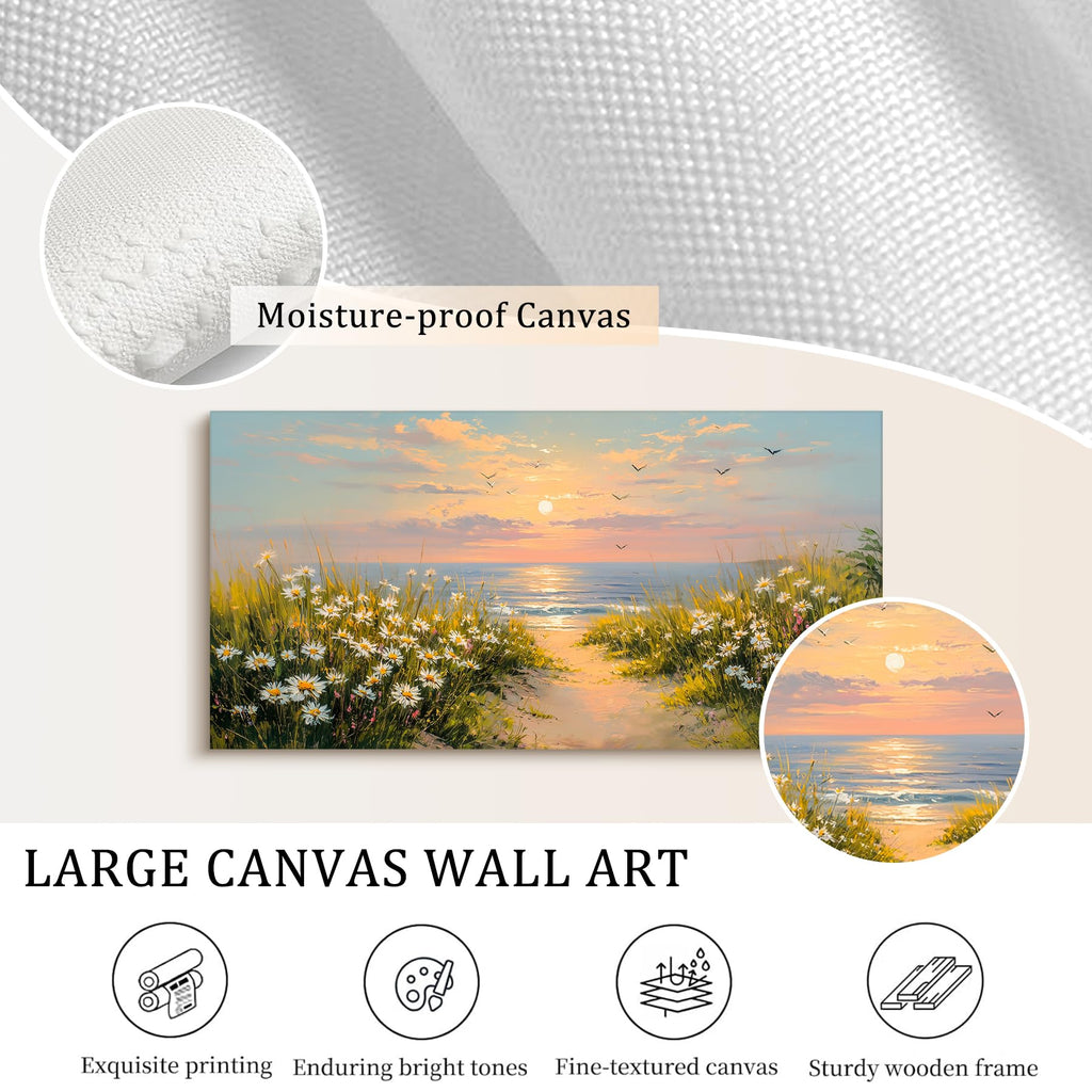 Blue Ocean Large Canvas Wall Art Prints, Coastal Sunset Landscape Prints Paintings, Nature Waves Beach Wall Decor