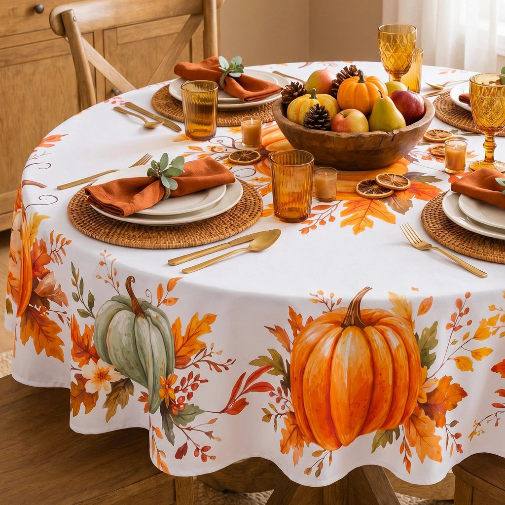 Fall Round Tablecloth, 70 Inch Thanksgiving Orange Pumpkin Farmhouse Decor