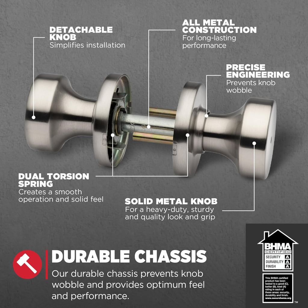 Pismo Interior Privacy Door Knob with Lock, Door Handle , Satin Nickel Keyless Turn Lock Doorknob, with Antimicrobial Protection
