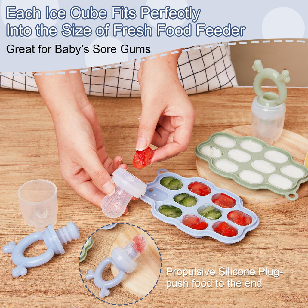 Silicone Baby Fruit Feeder with Freezer Tray 2 Pack, Breastmilk Popsicle Molds for Teething Relief, BPA Free Food