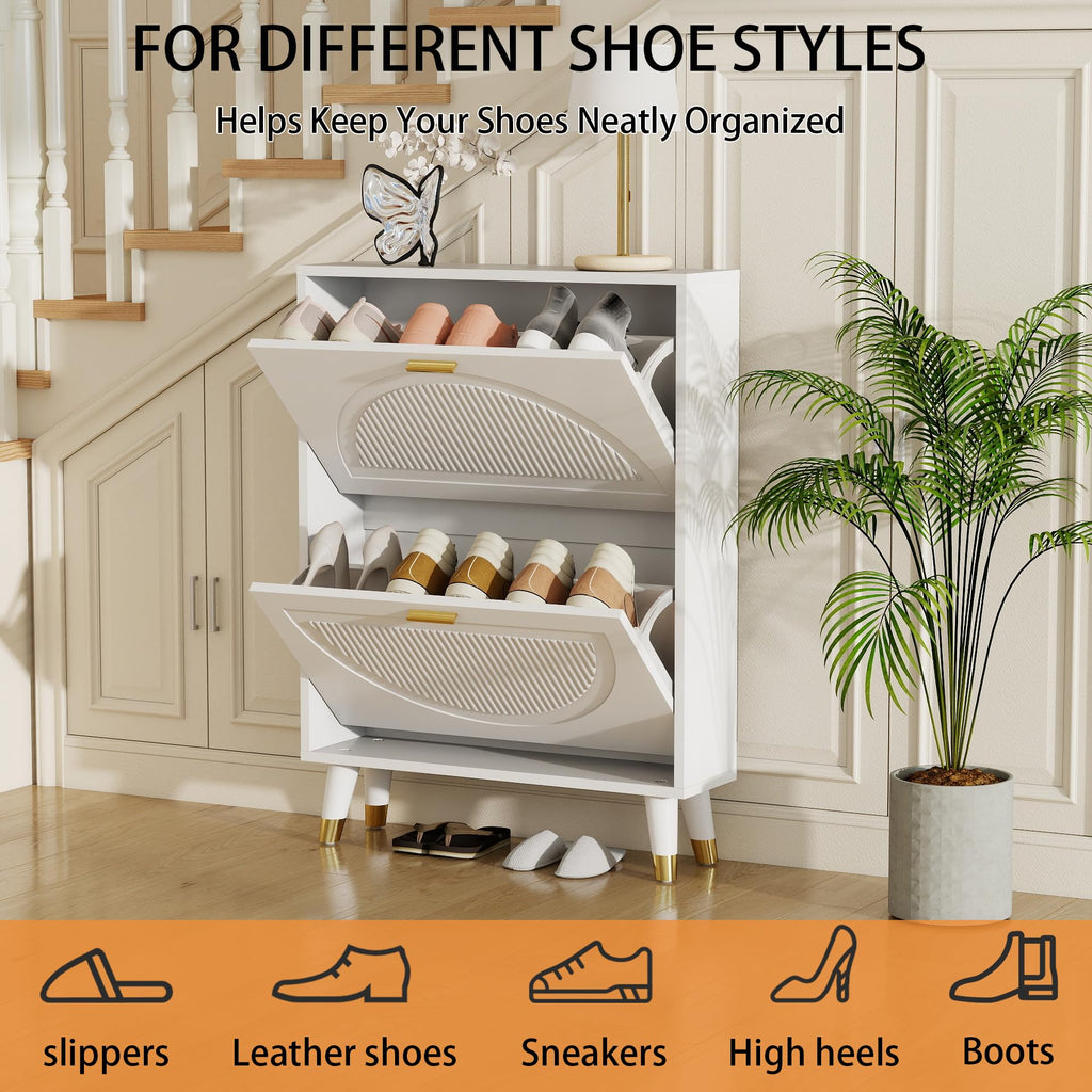 White Narrow Shoe Cabinet Storage with 2 Flip Drawers