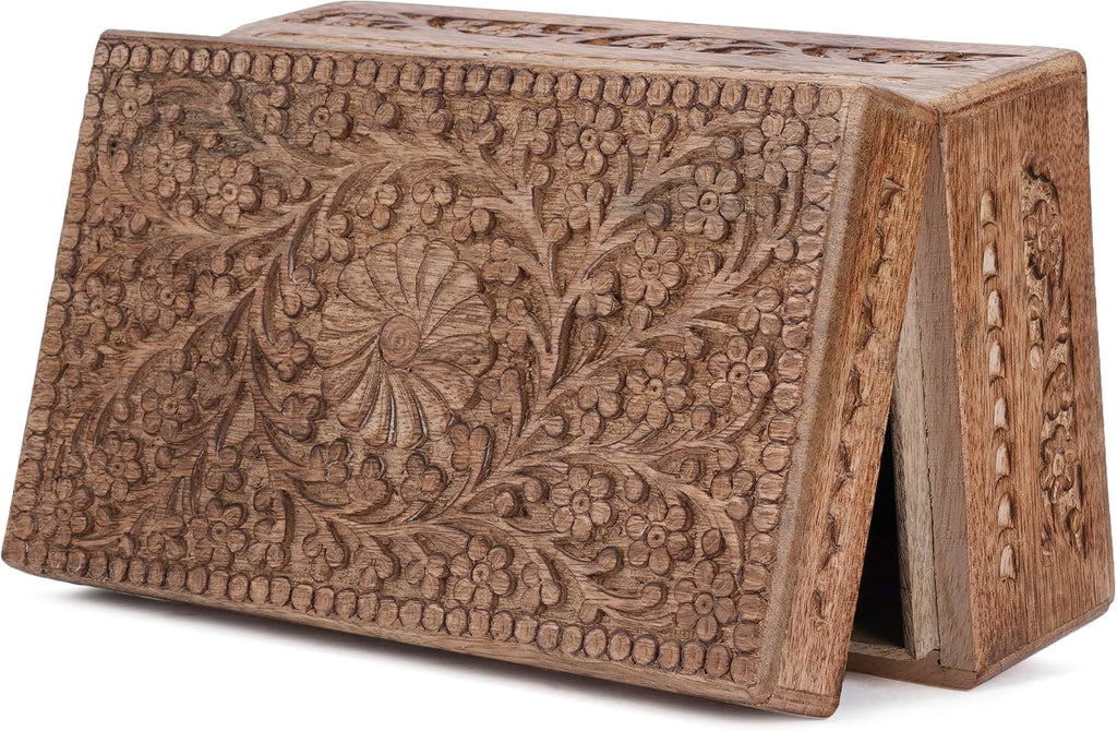 Wooden Jewelry Box Flower Carved Decorative Chest Storage 10 Inch