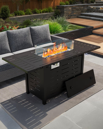 55" Outdoor Propane Fire Pit Table, 48, 000 Btu Lp Gas Rectangular Fire Table with Ignition Systems and Lid, Outdoor