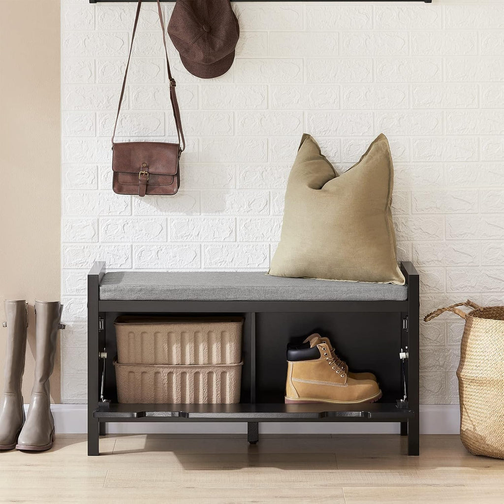 Shoe Storage Bench with Flip-Down Door and Padded Cushion, Shoe Bench, Black