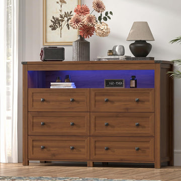 Dresser with 6 Drawers, LED Lights, Power Outlet, Walnut