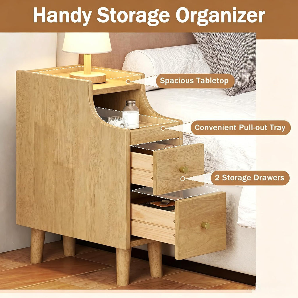 Narrow Solid Wood Nightstand with 2 Drawers & Pull-Out Tray, Natural