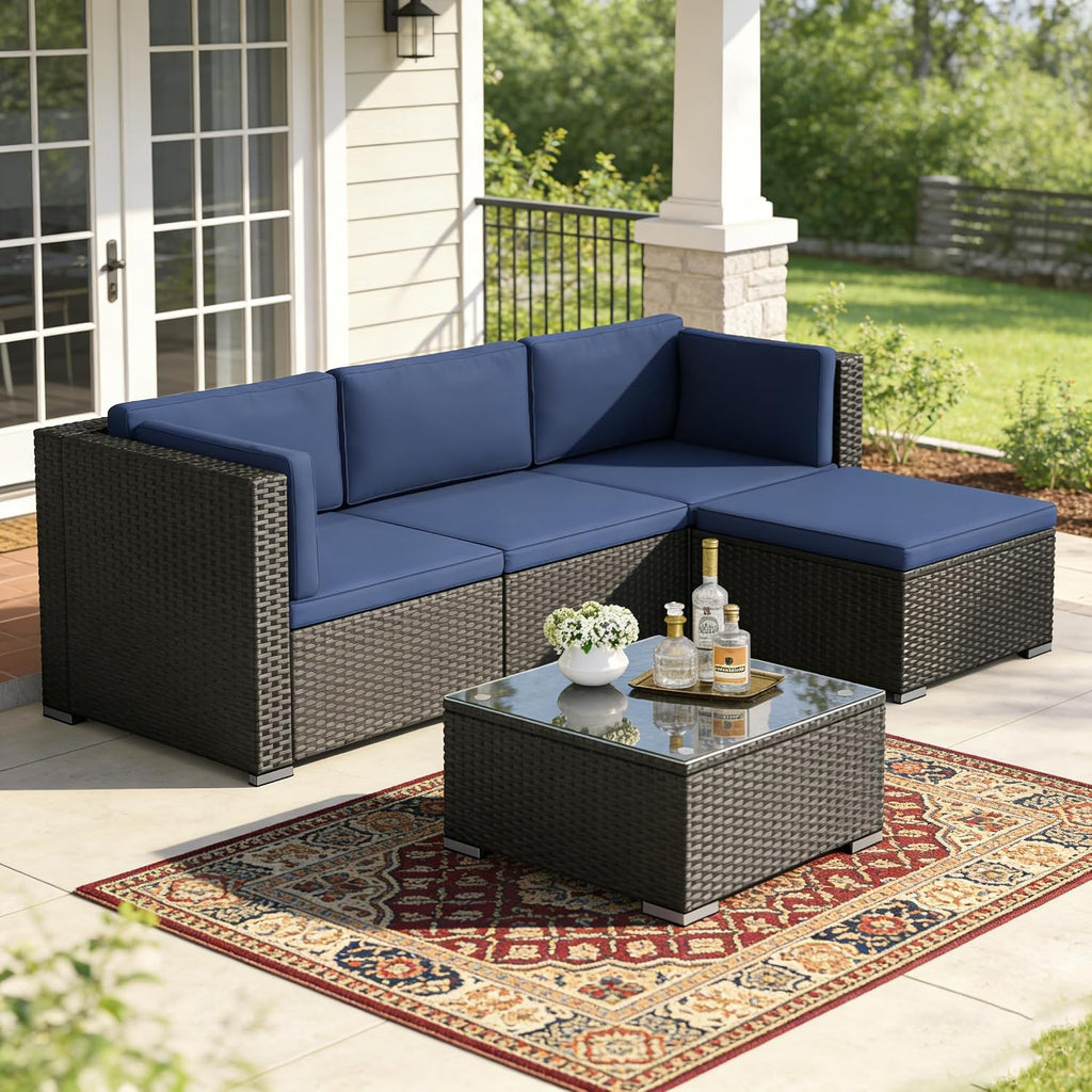 5-Piece Outdoor Patio Furniture Set, All-Weather PE Rattan Sectional Sofa with Ottoman, Glass Coffee Table &
