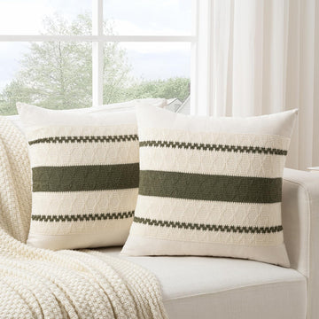 Set of 2 Boho Olive Green Decorative Throw Pillow Cover 18x18 Inch for Couch Bed Sofa, Aesthetic Modern Organic