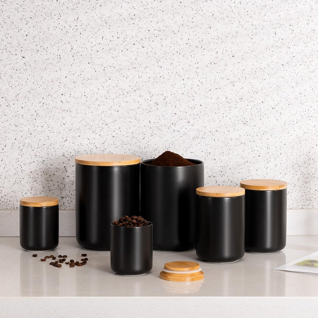 Black Ceramic Canister Set -Set of 3 Kitchen Canisters for Countertop with Airtight Wood Lids, Large Kitchen Storage