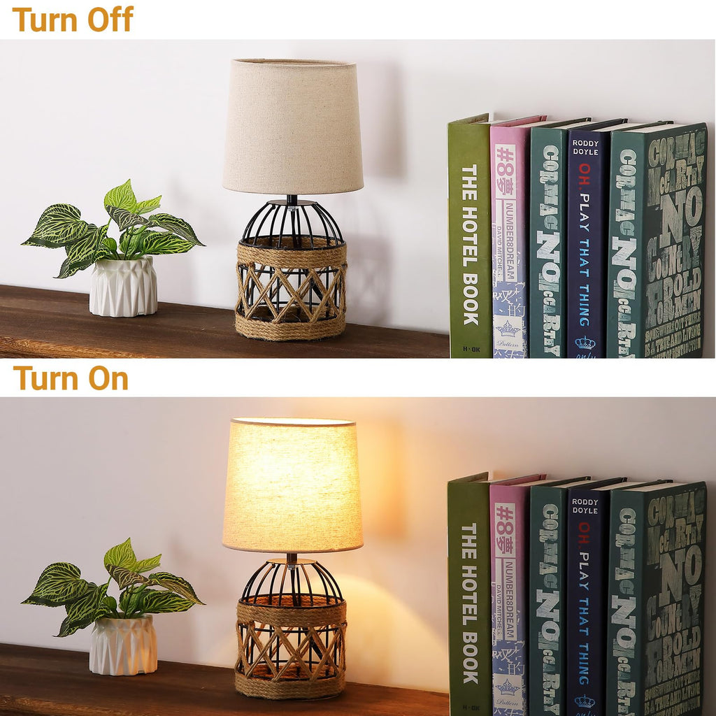 2 Pack Boho Rattan Table Lamps, Small Bedside Nightstand Lamp with Metal Cage Base Linen Shade, Farmhouse Coastal