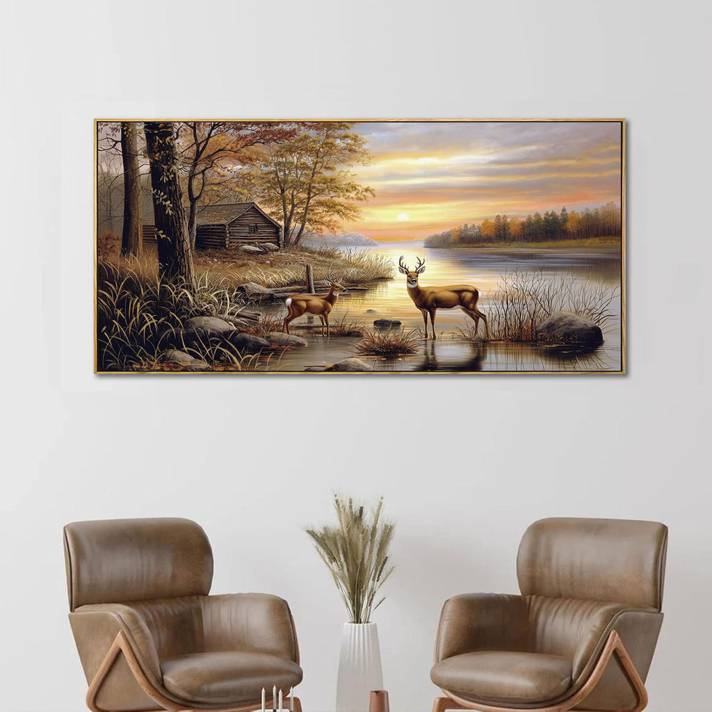 Deer Pictures Wall Decor - Autumn Rustic Forest Cabin Painting Prints Wildlife Pictures Animal Elk Poster Canvas Wall
