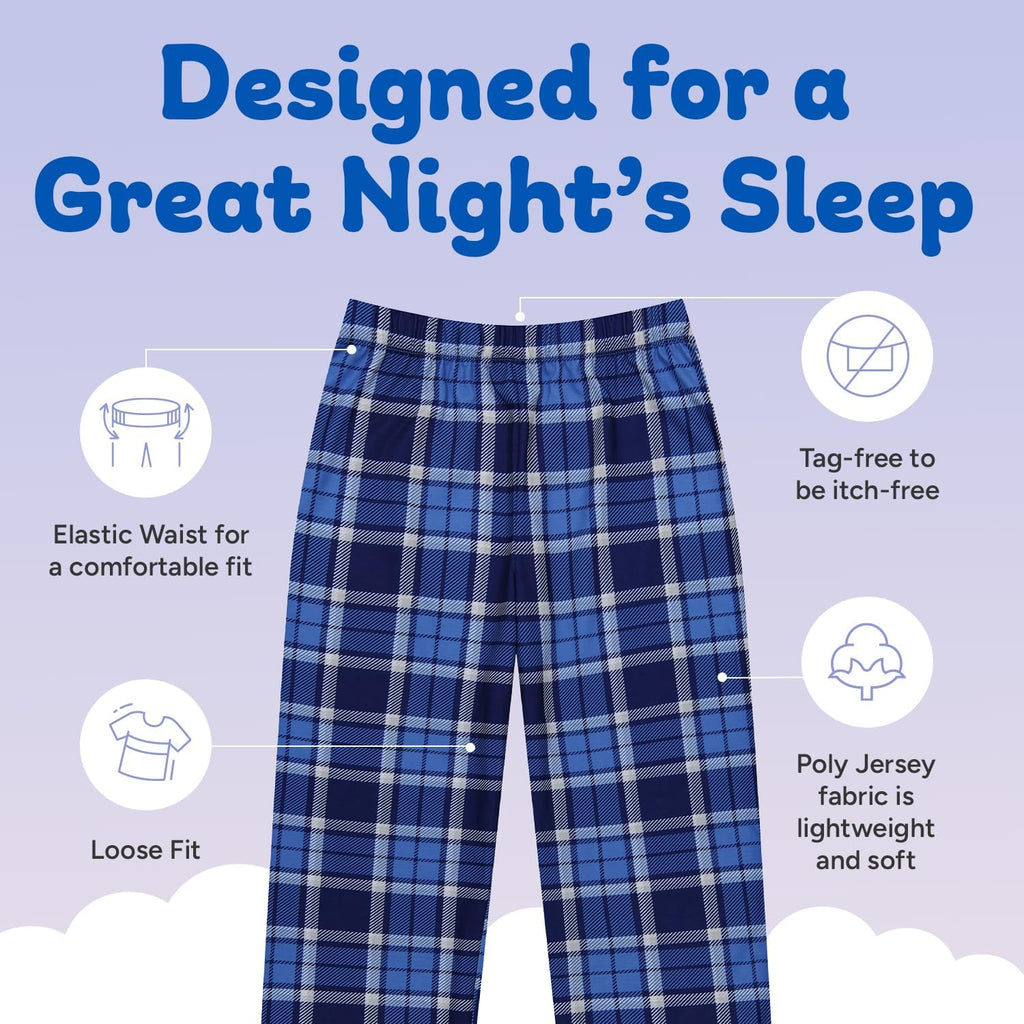 Boys Pajamas Set | Piece Pant, Shirt, Shorts Sleepwear Pjs for Kids | Loose Fit, Soft, Breathable Blue Plaid
