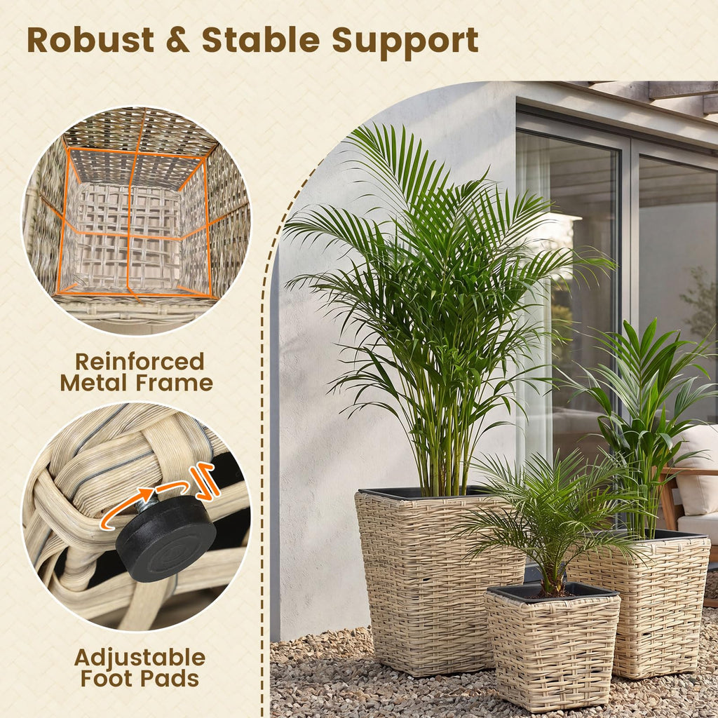 3-Piece Rattan Planter Box Kit, Wicker Planters with Removable Plastic Liners for Indoor & Outdoor Plants