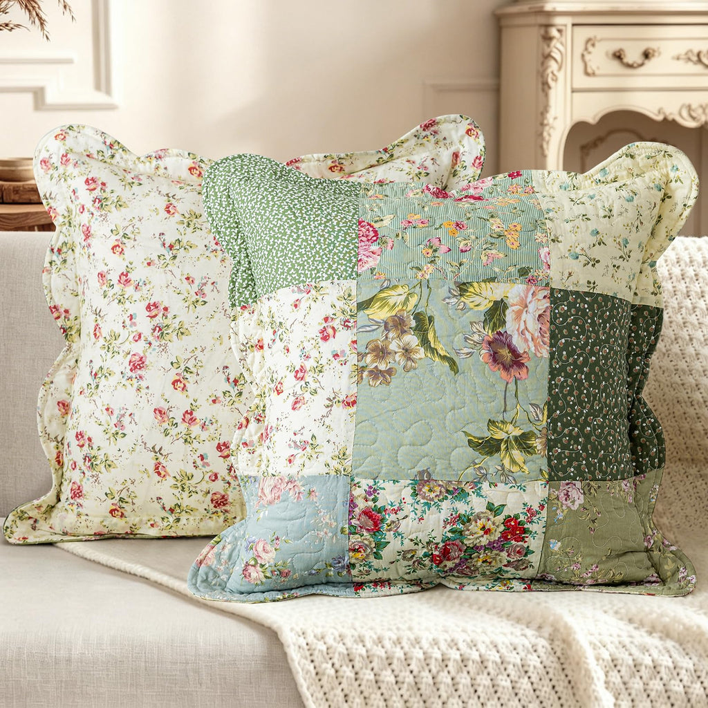 Set of 2 Patchwork Cotton Quilted Decorative Square Throw Pillow Covers with Scalloped Floral Pattern Soft Cushion
