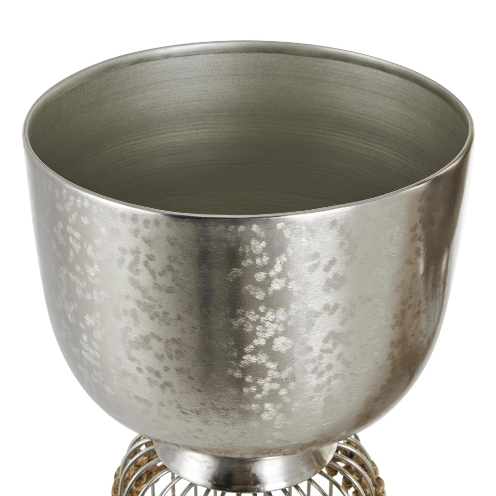 Metal Indoor Planter Textured Dome Large Planter Pot with Woven Seagrass and Caged Rod Pedestal Base, Set of 3