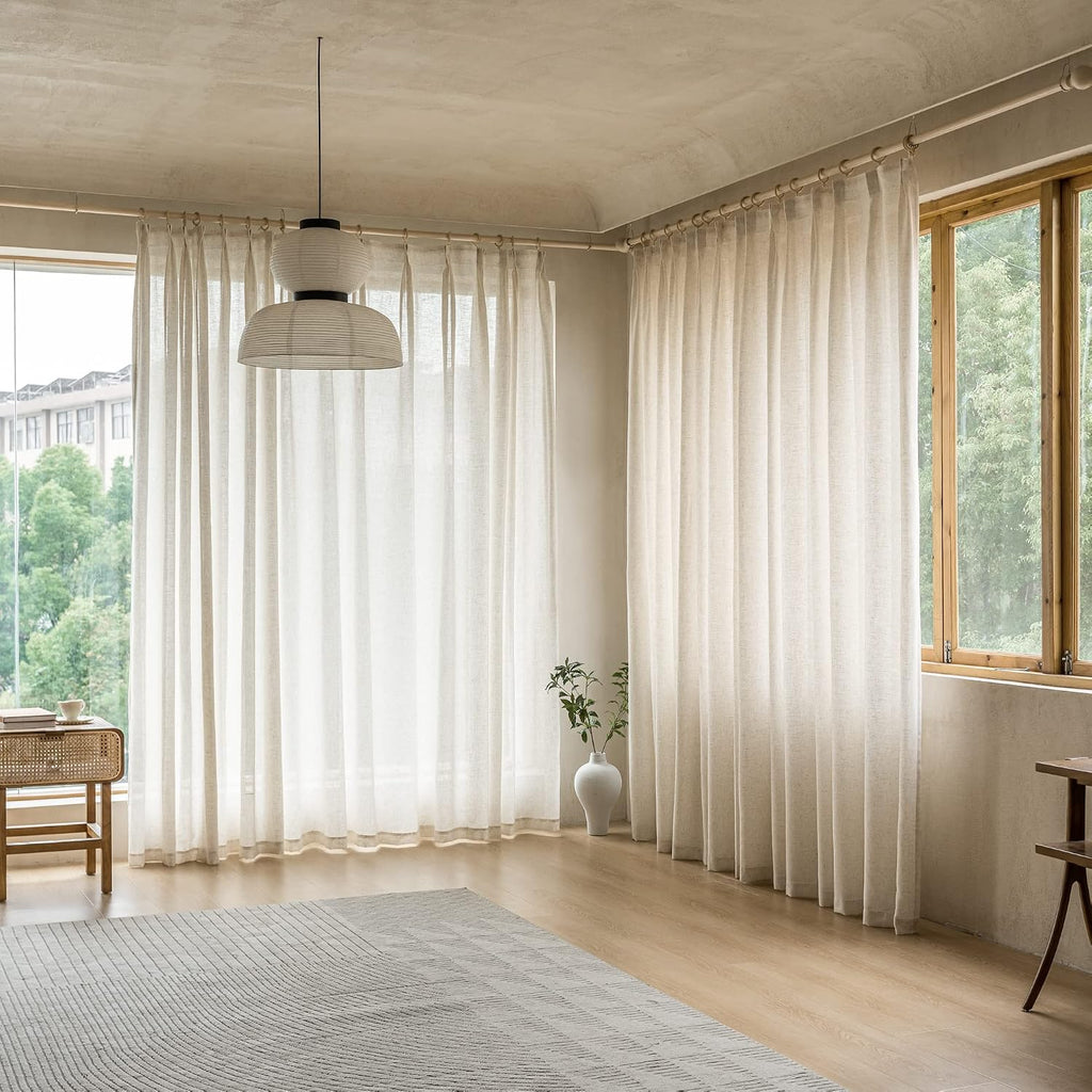 Extra Wide Pinch Pleated Curtains 84 Inch Length Natural Linen Semi Sheer Pleated Drapes with Hooks Light Filtering
