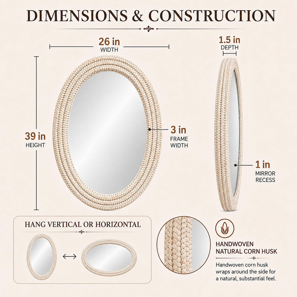 26"x39" Oval Wall Mirror, Handwoven Corn Husk, Whitewashed